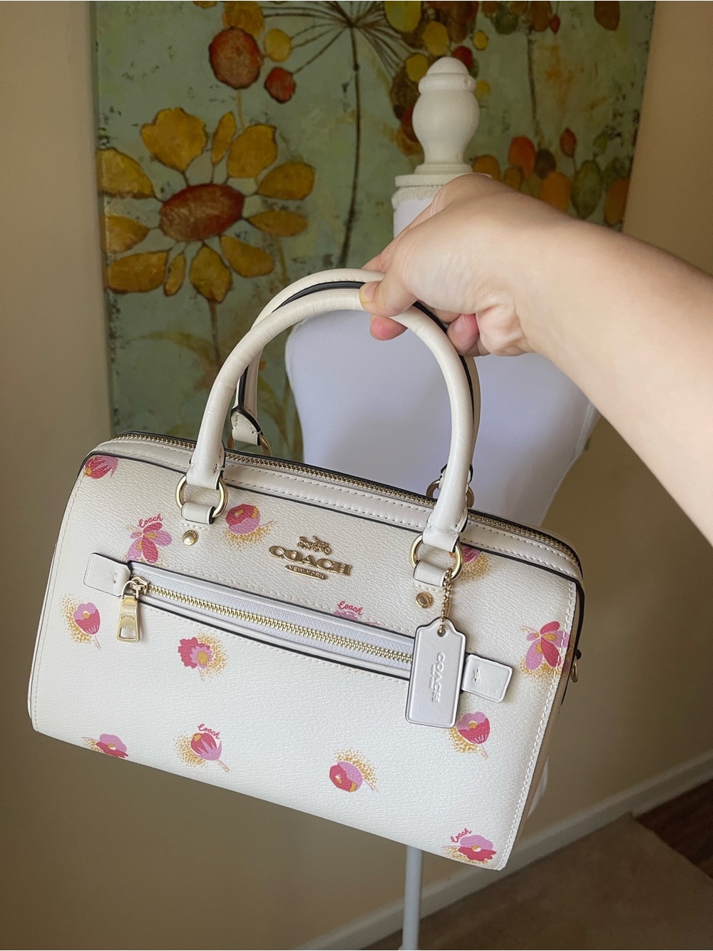 COACH Cream Floral Satchel with Pink Accents